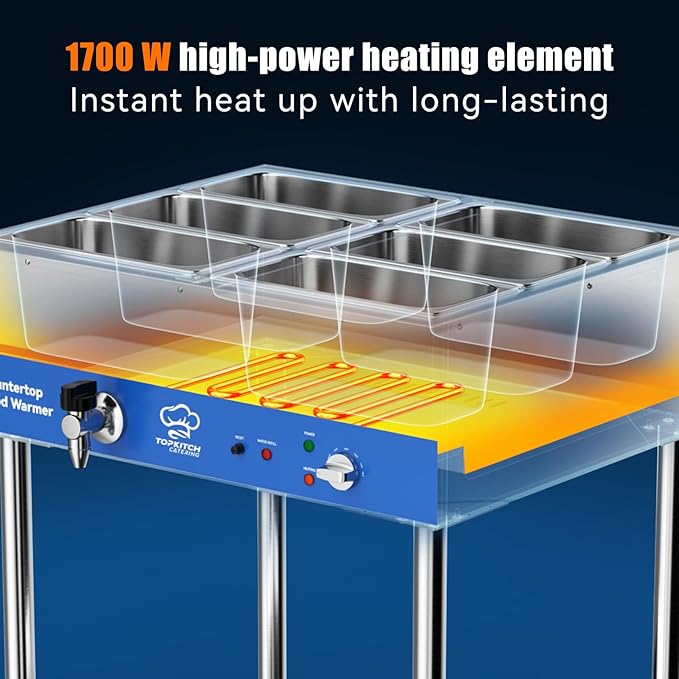 6-Pan Commercial Food Warmer, Electric Steam Table, 120V 1700W Stainless Steel Buffet Catering Food Warmer with Undershelf and Workspace, for Restaurant.