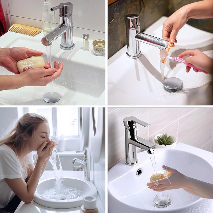 Hibbent All Metal 2 in 1 Bathroom Sink Stopper, Universal Pop Up Drain Strainer, Brass Bullet Core Push Type Sink Stopper for 1.1''~2.3'' Basin, Big Push Button, Anti Clogging Filter, Brushed Nickel