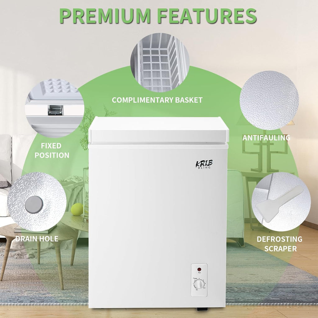 3.5 Cu.Ft Compact Chest Freezer with Removable Basket, Krib Bling Top Door Open Freestanding Deep Freezer with 7 Gears Temperature Adjustment, Ideal for Home, Kitchen & Office, White