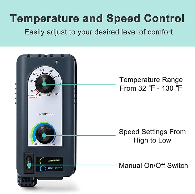 12 Inch Shutter Exhaust Fan with Thermostat and Speed Controller, Wall Mounted Vent Fan for Attic, Greenhouse, Shed, Garage, Chicken Coop, Shop Ventilation, 960 CFM, 1400 SQF Coverage Area