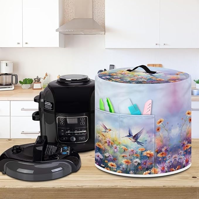 TODIYADDU Daisy Hummingbird Pressure Cooker Cover with Handle and Storage Pocket for Extra Accessories Portable Kitchen Small Appliance Dust Cover Protective Case