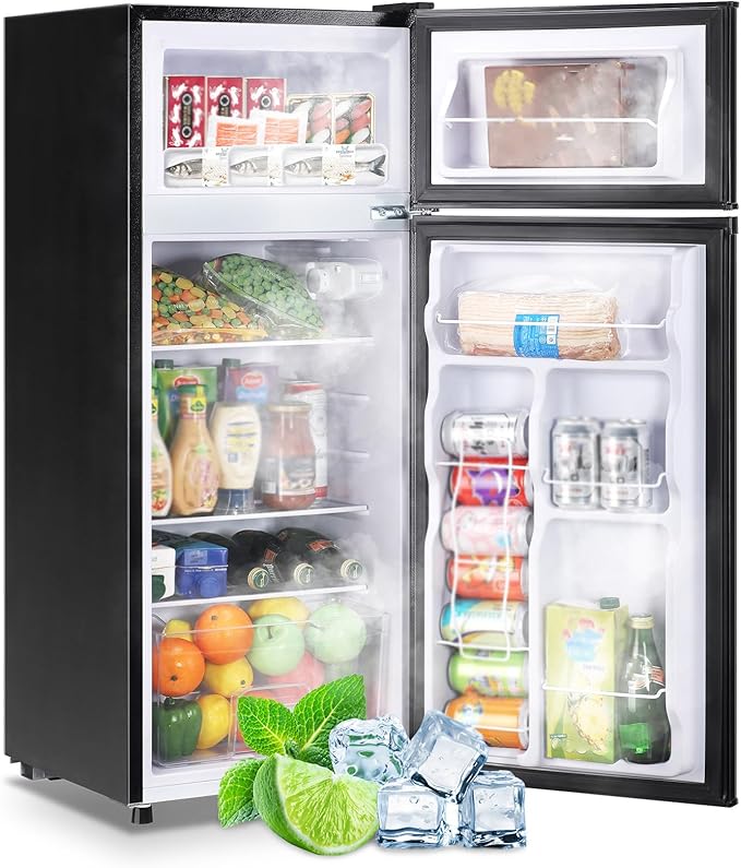 4.5 CU.FT Capacity Compact Refrigerator with Freezer Double Door Mini Fridge Small Apartment Refrigerator with 7 Adjustable Temp Control & 3 Glass Shelves for Kitchen Office Dorm Black
