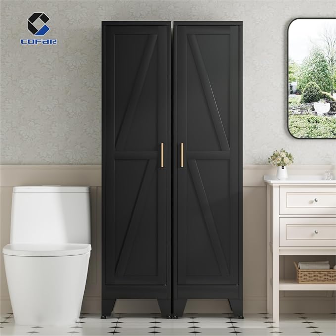 COFaR 67'' Tall Slim Bathroom Storage Cabinet, Metal Narrow Pantry Cabinet with 4 Adjustable Shelves and One Door, Skinny Cabinet Storage for Kitchen Laundry, Black Farmhouse 5 Tiers