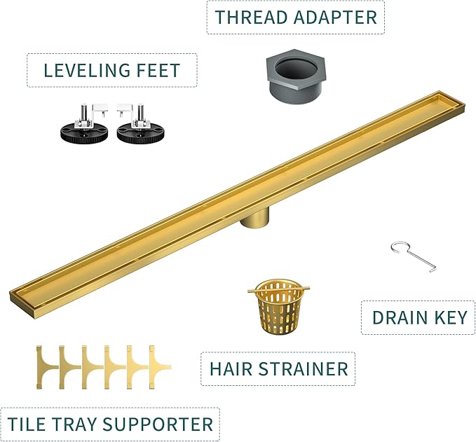 Linear Shower Drain 42", Brushed Floor Drain with Tiled Insert Grate & Hair Strainer, 304 Stainless Steel Bathroom 2-in-1 Tiled in Drain, CUPC Certified (Brushed Gold, 42'')