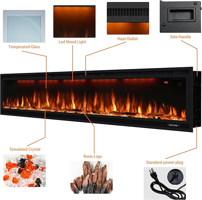 74 inch Electric Fireplace, Smart Fireplace Insert recessed in Wall and Wall Mounted fire Place Heater with Metal Frame, Multicolor Flame & Realistic logs，Thermostat& Timer, 1500W, Black