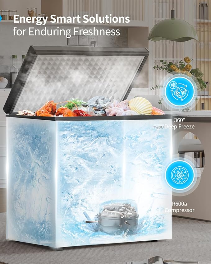 TABU 10 Cubic Feet Chest Deep Freezer, Large Freestanding Chest Freezer with 7 Level Adjustable Temperature& Removable Storage Basket, Top-opening,Energy Saving, Black