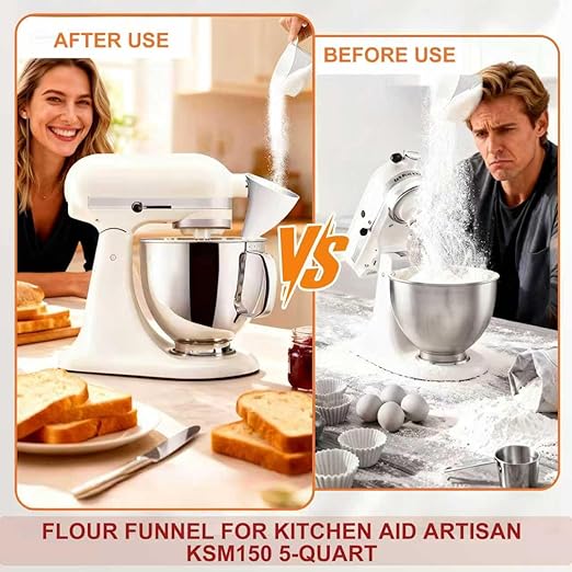 2Pcs White Flour Funnel for Kitchen Aid Mixer, Flour Funnel Accessories for Kitchen Aid Artisan KSM150 5-Quart Tilt-Head Stand Mixer,Plastic Powder Funnels with Easy-Pour, Prevents Spills and Messes
