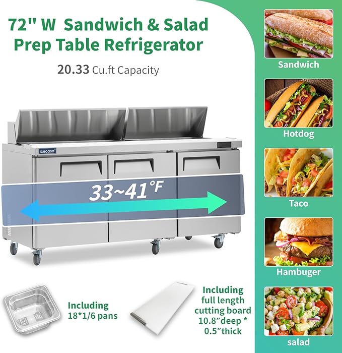 ICECASA 72" W Commercial Refrigerator Sandwich&Salad Prep Table 3 Door Stainless Steel Counter Fan Cooling Refrigerator with 18 pans-72 Inches for Restaurant, Bar, Shop, etcI