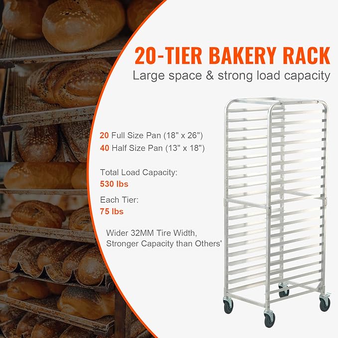 VEVOR Bun Pan Rack, 20-Tier Commercial Bakery Racks with Brake Wheels, Aluminum Racking Trolley Storage for Half & Full Sheet, Speed Rack For Kitchen Home, Bread Baking Equipment, 26"L x 20.4"W x 70"H