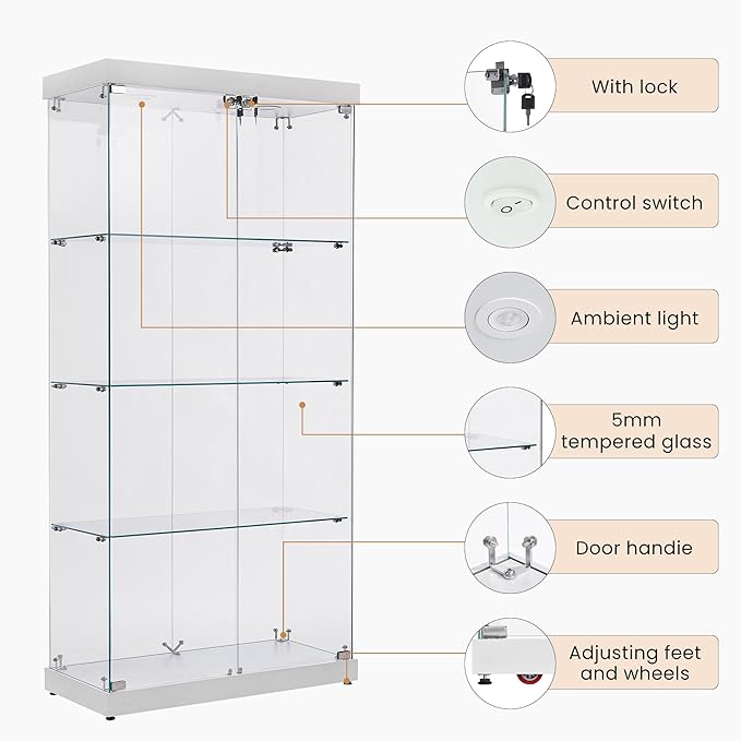 Yoluckea 4 Shelves Glass Display Cabinet with Light and 2 Doors, Floor Standing Clear Glass Curio Cabinet Collection Display for Living Room Bedroom 66.3” x 31.5” x 14.2” White