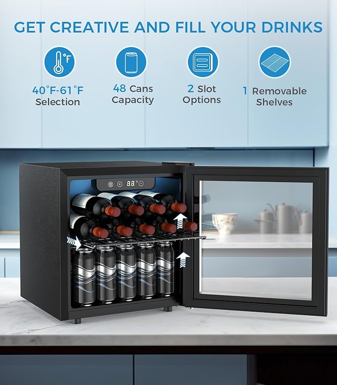 48 Can Beverage Refrigerator Mini Fridge Cooler Glass Door for Beer Soda or Wine, Small Drink Cooler Machine LED Temperature Control for Bar Home, Office 1.3CUFT