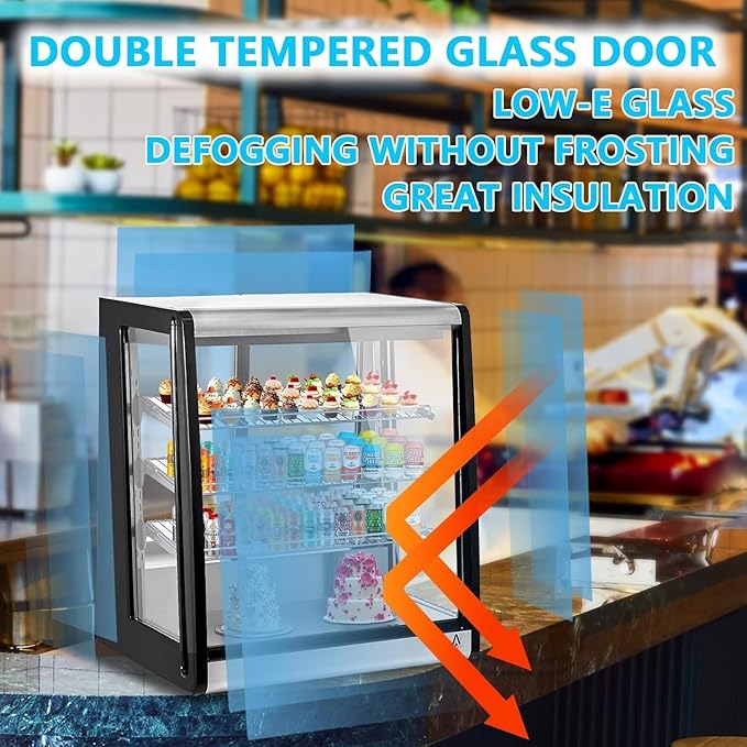 Display Refrigerator 7 Cu. Ft Countertop Commercial Cake Display Case, LED Lighting, Double-Layered Glass Door, Adjustable Shelves, Pastry Cooler Merchandiser for Bakery Café Restaurant Food Showcase