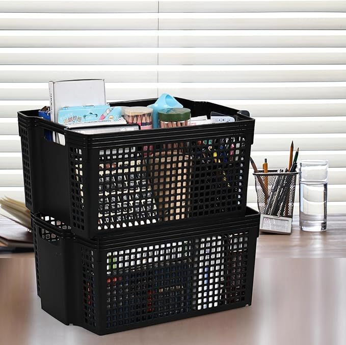 6-Pack Plastic Stackable Baskets, Stacking Plastic Storage Basket, Black