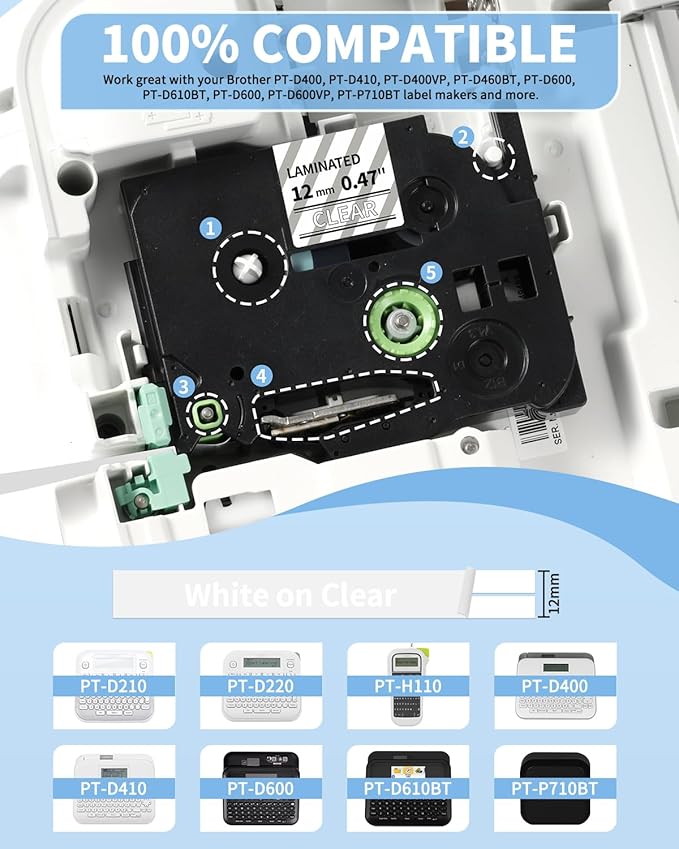 TZe-135 TZe135 TZe TZ Tape White on Clear Replacement for Brother P Touch Label Maker Tape 12mm 0.47 Laminated, Compatible with PT-D210 PT-D220 PT-H110 PT-D400 PT-D600, 1/2 in x 26.2 ft, 4-Pack