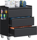 Aobabo Garage Storage Cabinet with 3 Drawers and 4 Hooks,Metal Storage Cabinet with Wheels for Garage Home,Required Assembly,Black,18.11" D x 30.3" W x 35.4" H