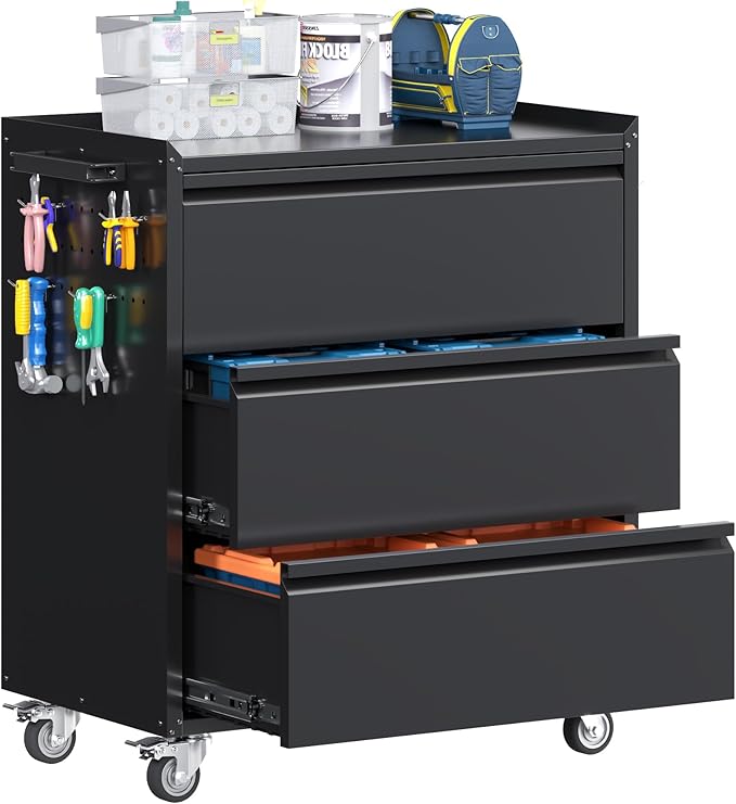 Aobabo Garage Storage Cabinet with 3 Drawers and 4 Hooks,Metal Storage Cabinet with Wheels for Garage Home,Required Assembly,Black,18.11" D x 30.3" W x 35.4" H