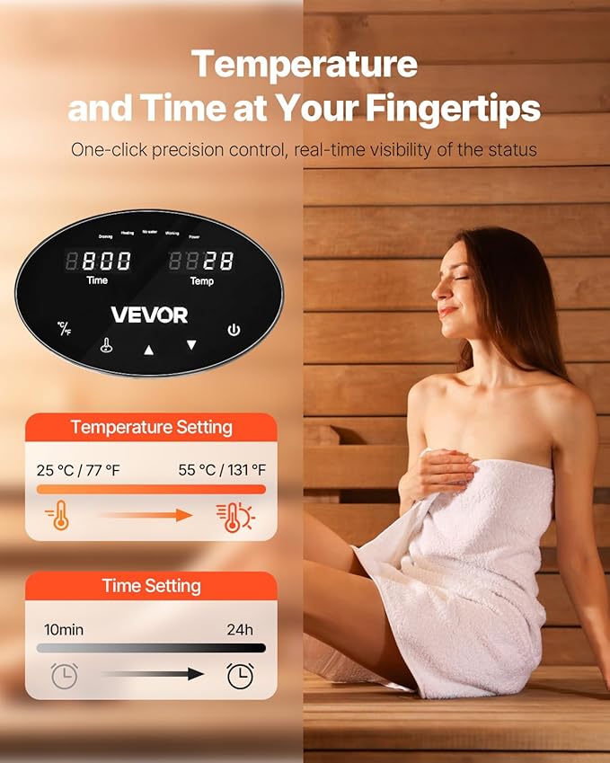 VEVOR Steam Generator, 6 kW Steam Shower System with Controller for Home Sauna Bath Spa, Commercial Auto Drain Kit with Overheat, Dry-Run & Overpressure Protection, 10 Min to 24h Efficient, Black