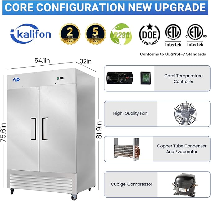 54"W 2 Door Commercial Freezer, 49 Cu.ft Stainless Steel Reach-in Upright Fan Cooling Freezer for Restaurant Bar Shop, etc