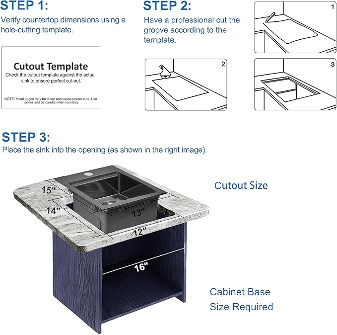 Scamall 13x15x9 Drop In Kitchen Sink Workstation, Nano Black 304 Stainless Steel Deep Single Bowl with Quick Drainage & Tarnish-Free Surface for Bar, Laundry, RV, Includes Accessories