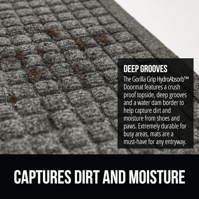GORILLA GRIP Front Door Mat, 47x35, Indoor Outdoor Ultra Absorbent HydroAbsorb Doormat, Absorbs Up to 6 Cups of Water, Stain and Fade Resistant, Rubber Backing Doormats, Captures Dirt, Grey
