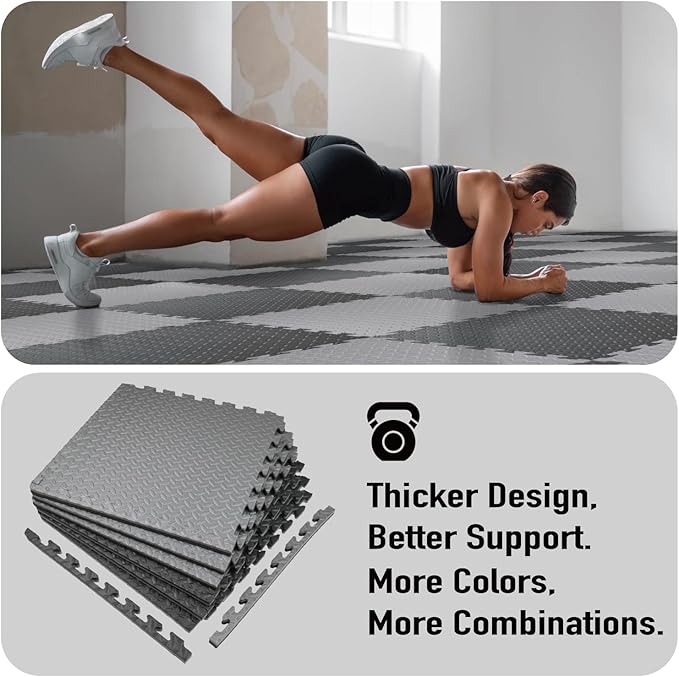 AIRHOP Upgraded 0.79" Extra Thick 48 Sq Ft High-Density Eva Foam Exercise Gym Mats, 12 Pcs Large Interlocking Puzzle Floor Tiles (24"x24") for Home Gym, Black&Gray