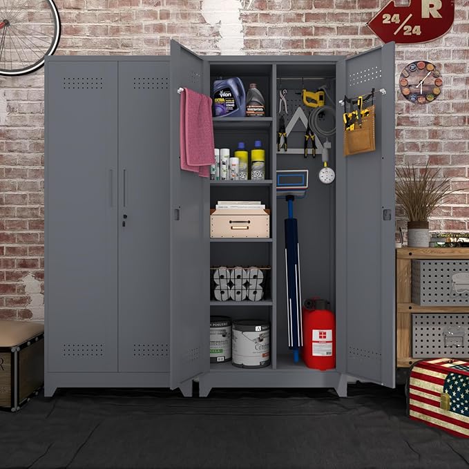 72.8" H Storage Cabinets,Broom Closet Storage Cabinet with Adjustable Shelves,Metal Lockable Storage Cabinet with Locking Doors,Tall Utility Cabinets for Garage,Laundry,Office,Grey