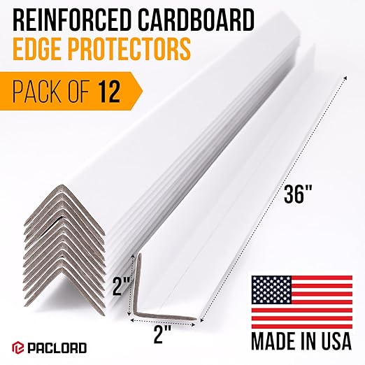 36" x 2" x 2" Reinforced Cardboard Edge Protectors, White (Pack of 12) – 0.16" Thick Heavy-Duty Cardboard Corner Protectors for Shipping – American Quality V-Board Pallet Edge Protectors