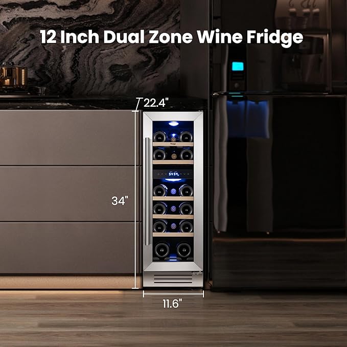 Yeego Wine Fridge Cooler - 12 Inch Wine Fridge Hold 17 Bottles, 40-65°F Dual Zone Wine Refrigerator Glass Door, Built in Fridge, Freestanding or Adjustable Shelves Fridge for Home Bar Office