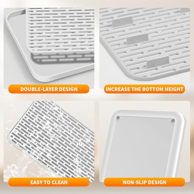 Plastics Drain Tray, Cup & Dish Drying Rack, Drain Board 2 Tier Non Slip Serving Tray with Drainboard Perfect for Sink, Coffee Table, Outdoor (15.4 x 10 x 0.98 in)