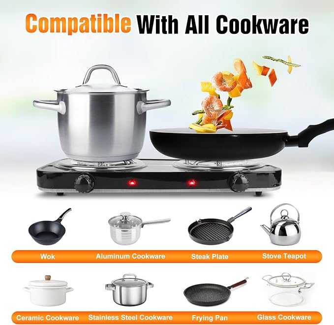 2000W Double Burner Cooktop, Portable Electric Stove, Coil Hot Plate Cooking Stove with 5 Temperature Adjustments, Countertop Burner Cooktop for Camping Home Dorm