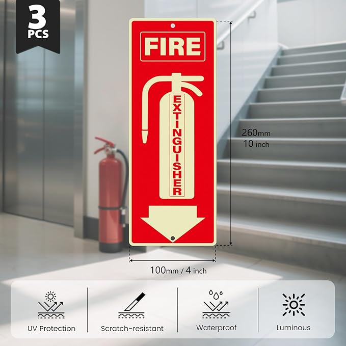 3 Pack Fire Extinguisher Signs 10 × 4 Inches Glow in the Dark Aluminum Sign Waterproof UV Protected Fade Resistance Signage for Home Office Business