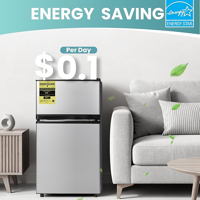 Double Door Refrigerator with Freezer, 3.55 Cu.Ft, Small Fridge with Freezer, 7 Settings Temperature Adjustable, Mini Refrigerator for Office and Apartment Bedroom Dorm(3.55 Cu.Ft, Silver)