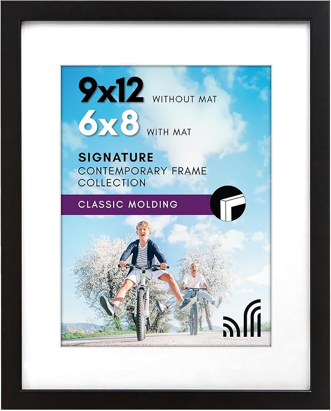 Americanflat 9x12 Picture Frame with Shatter-Resistant Glass - Use as 6x8 Frame with Mat or Display 9x12 Photo Without Mat - Signature Collection - Picture Frames for Tabletop and Wall Display - Black