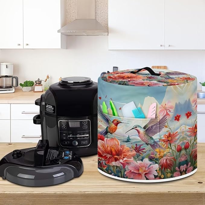 Hummingbird Floral Air Fryer Cover Washable Pressure Cooker Dust Cover for 3 Qt Small Kitchen Appliance Cover with Top Handle Dust Protection Bread Cover