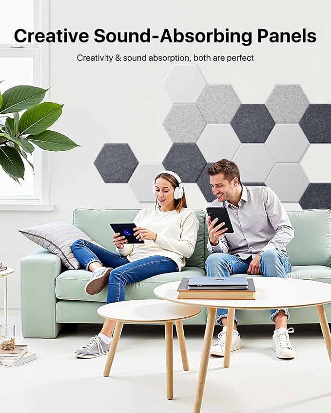 12 Pack Soundproof Wall Panels, Hexagon Acoustic Panels High Density Acoustic Wall Panels, Self-Adhesive Sound Proofing Panels for Walls, Office, Reccording Studio, Ceiling 12" X 10" X 0.4" White