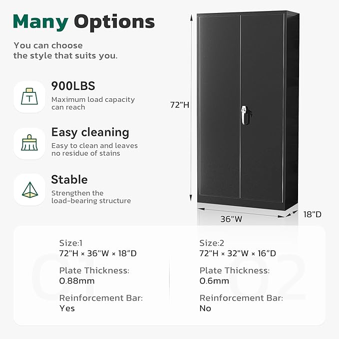 Greenvelly 72" H Metal Storage Cabinet, 36" W x 18" D Black Metal Cabinet with 2 Doors and 4 Adjustable Shelves,Locking Cabinets for Office, Home, Garage, School
