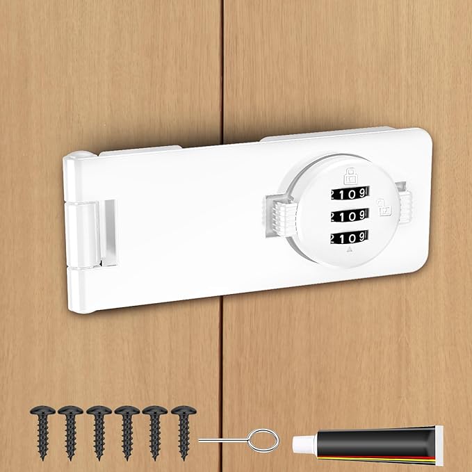 Keyless Cabinet Combination Lock, 3-Digit Password Twist Knob Hasp Latch for Doors, Cabinets, Drawers, Barn Door, Bathroom, Outdoor, Closet, Fence, Durable Zinc Alloy, (White, 1 Pack)