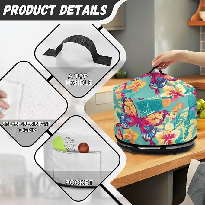 Butterfly Tropical Flower Leaf Print Slow Cooker Dust Cover Compatible with 6/7/8 Quart Slow Cooker Dust Proof Electric Slow Cooker Cover with Storage Pocket for Crock Pot Decor