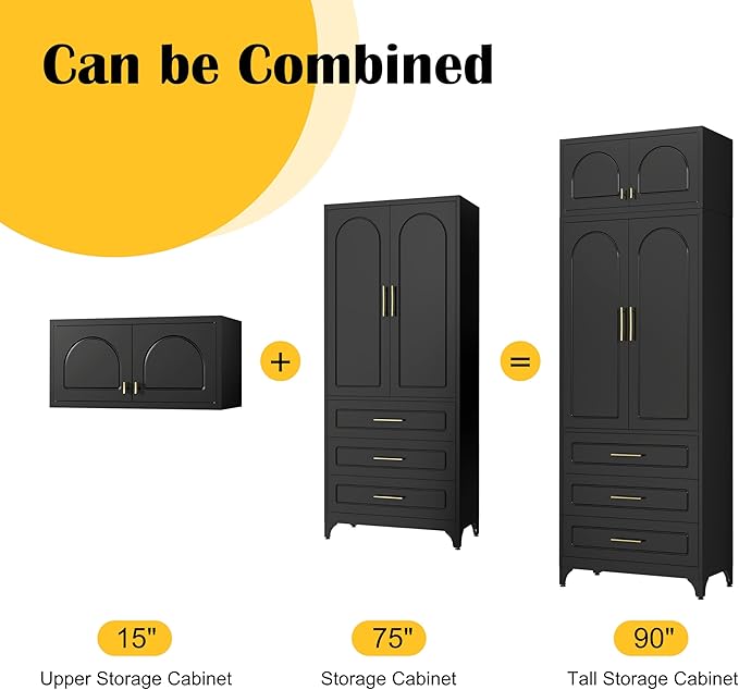 Kitchen Pantry Cabinet，90" Storage Cabinets with Doors and Shelves,Metal Pantry Cabinet with 3 Drawers,Black Kitchen Cupboard for Livingroom,Pantry, Bathroom
