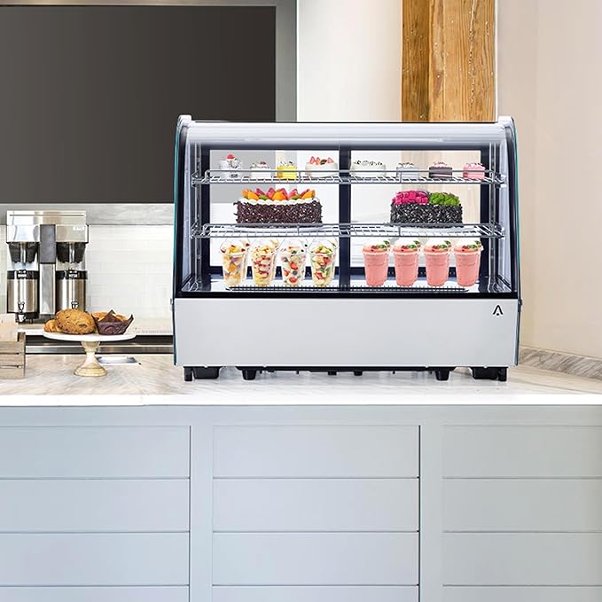 5.6 Cu.Ft Countertop Bakery Display Case – Double Glass Refrigerated, LED Lighting, Adjustable Shelves, Digital Temp Control, for Pastry, Cake, Sushi, 110V