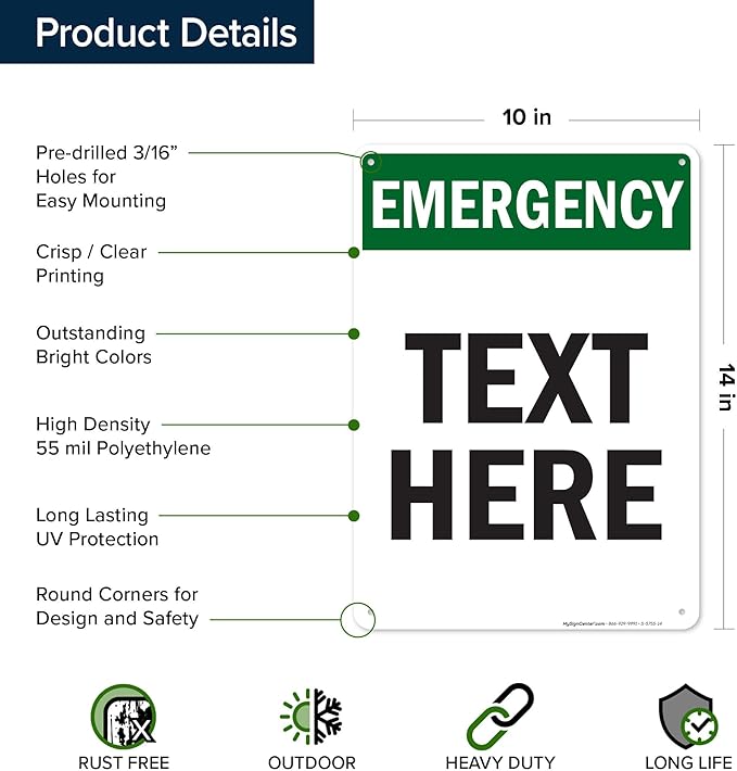 Custom Emergency Sign, OSHA Sign, 10x14 Inches, 55 mil thick HDPE (high density polyethylene), Made in USA by My Sign Center
