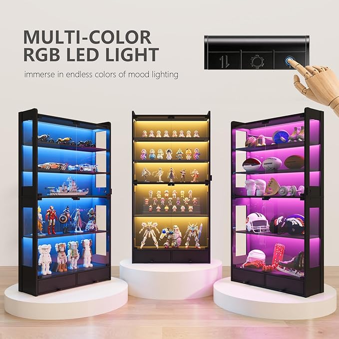 Glass Display Cabinet 69''H with LED Lights, 5-Tier Showcase with Drawers, Collectible Figure Display Case, Freestanding Curio Cabinet, Tall Storage Shelves, Black, 39.4''W