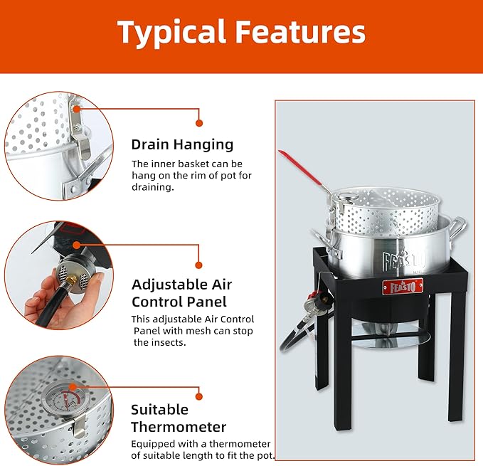 10 Qt Fish Fryer Pot and Basket, Aluminum Propane Fish Fryer Kit with 50,000 BTUs Output and Thermometer for Outdoor and Backyard Cooking, Silver & Black