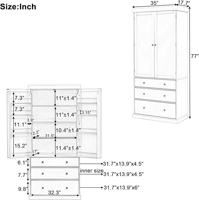 Merax 77" Tall Kitchen Storage Cabinet Pantry Farmhouse Freestanding Large Cupboardwith 3 Drawers,3 Adjustable Shelves,8 Door-Shelf for Dining Room,White