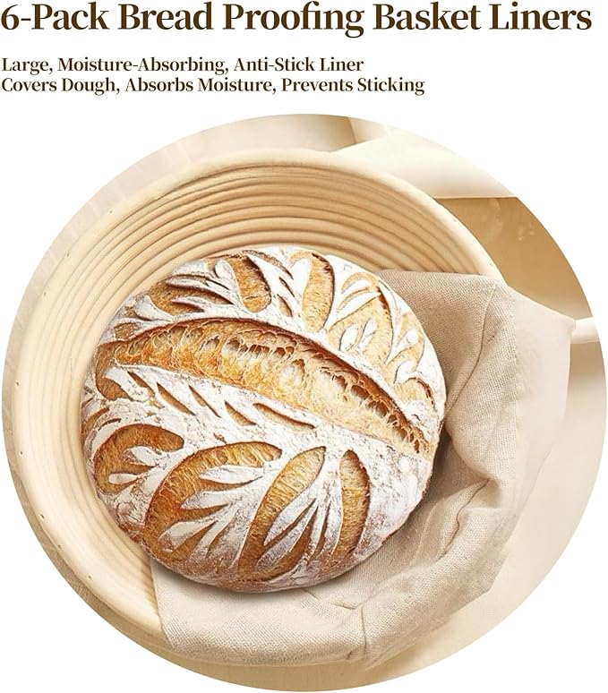 Natural Cotton Bread Proofing Basket Liner, 10 Inch Round, 6 Pack, Banneton Dough Bowl Cover for Baking, Compatible with Rattan Banneton Proofing Basket (Liners Only)
