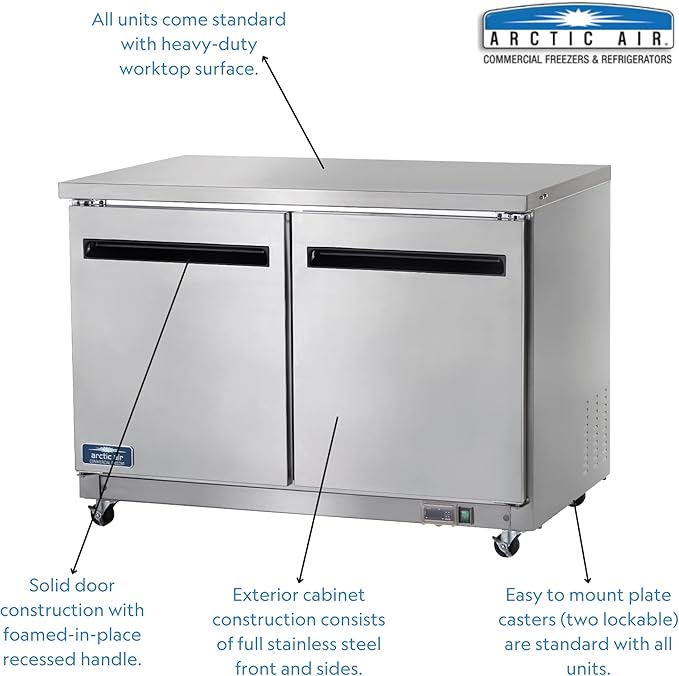 Arctic Air AUC48R 48" Undercounter Worktop Refrigerator - 12 Cubic Feet, 2 Section, 2 Doors, Stainless Steel, 115v