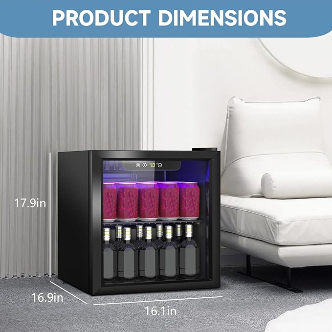 Stopasd Beverage Refrigerator Cooler, 1.3 Cu.Ft/60 Can Drink Fridge with Adjustable Shelves & Glass Door for Soda Wine Beer, Quiet Undercounter Small Fridge for Home/Office/Bar/Garage(40-61 ℉), Black