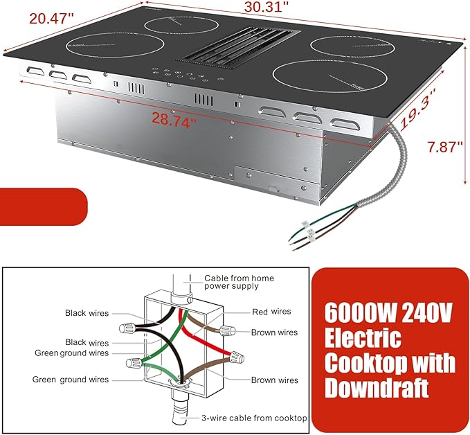 Karinear 30 Inch Electric Cooktop with Downdraft Range Hood, 4 Burners Glass Radiant Stovetop 240V Hardwired, 9 Power Levels, Timer, Pause, Child Lock, 3-Speed Exhaust Fan(No Exhaust Pipe Required)