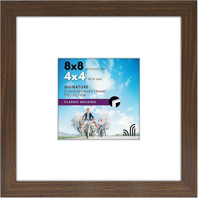 Americanflat 8x8 Picture Frame with Shatter-Resistant Glass - Use as 4x4 Frame with Mat or Display 8x8 Photo Without Mat - Signature Collection - Square Frames for Tabletop and Wall Display - Walnut