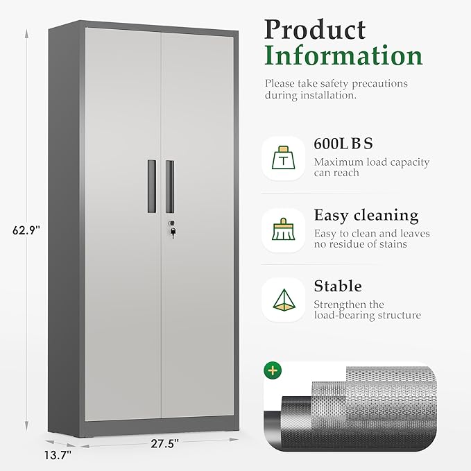 Crownland 63" Metal Storage Cabinet, Lockable Garage Storage Cabinets, High Office Cabinet with Adjustable Shelves for Garage, Home Office, Pantry, File(Grey & Light Grey)